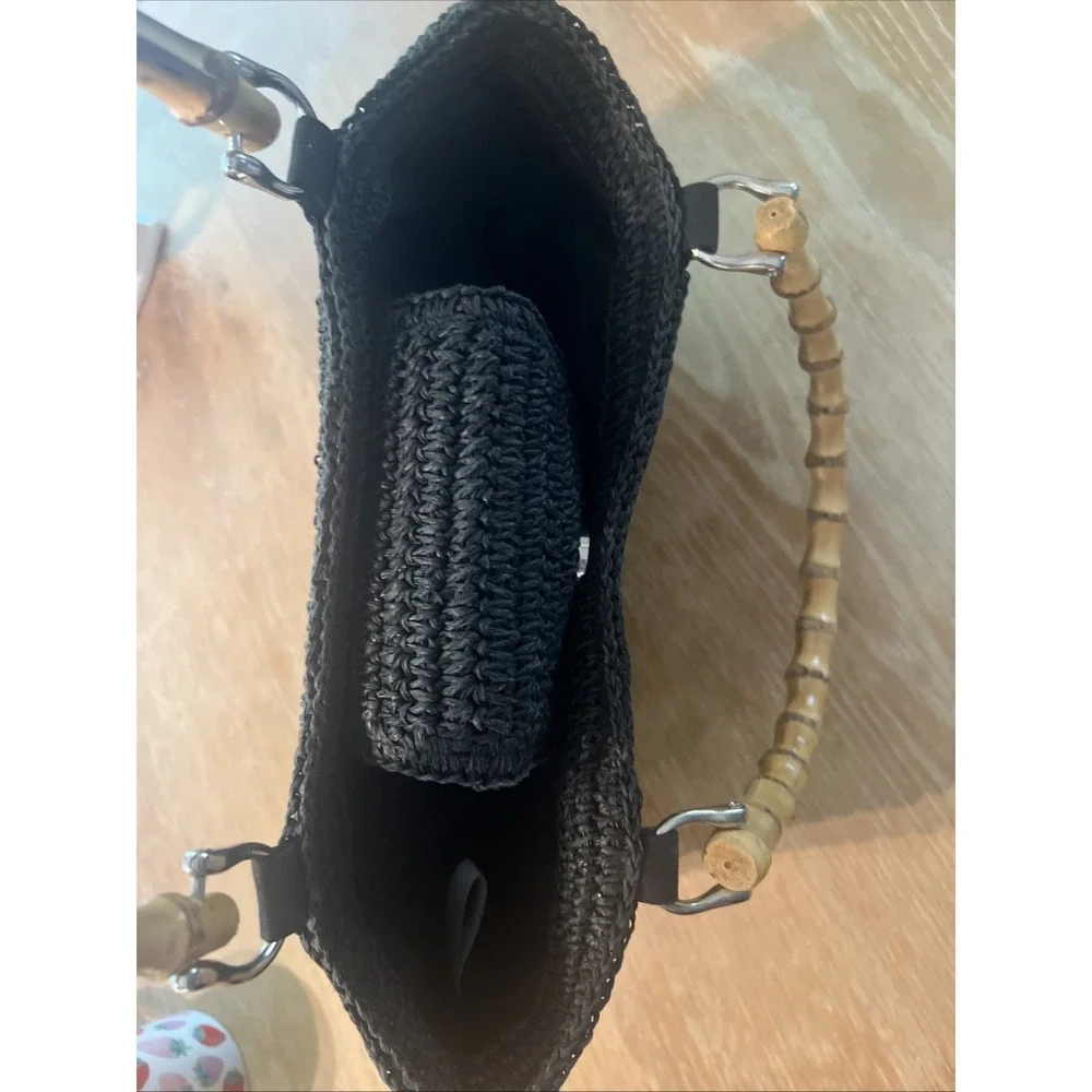 Talbots‎ Black Paper Straw Purse With Bamboo Handles